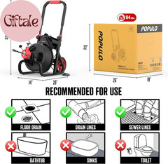 75 Ft X 1/2 Inch Upgraded Electric Sewer Drain Snake Auger with 8 Cutters and 1