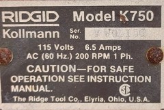 RIDGID Kollmann K-750 Drain Cleaning Machine 115V Heavy Duty Tested Works