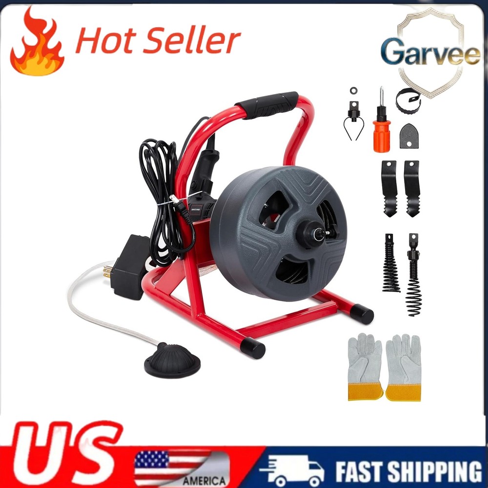6 Cutters Professional 50ft Manual Drain Cleaner Machine for 3/4-3 Inch Pipes