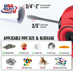 20V Cordless Electric Drain Snake 25Ft Cable with Battery & Charger