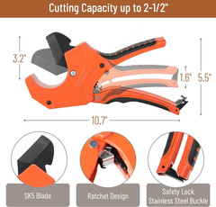 Bates- PVC Pipe Cutter, Cuts up to 2-1/2&Prime;, Orange Ratcheting PVC Pipe Cutter Too