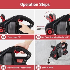 22V Cordless Pipe Drain Auger 25FT Cable Variable Speed for Sink Tub & Toilet