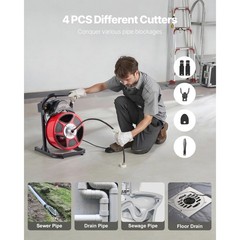 Uimoso Drain Cleaning Machine 50FT x 1/2Inch Manual Feed Snake with 4 Cutters