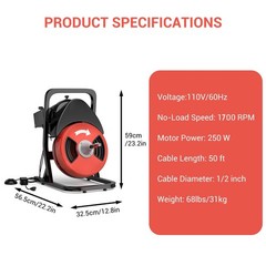 50FTx1/2&Prime; Heavy Duty Drain Cleaner Machine Auto Feed Sewer Snake Auger W/Cutter