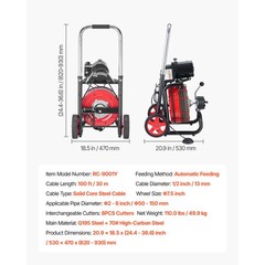 VEVOR Drain Cleaner Machine Electric Drain Auger 100FT x 1/2 In Auto Feed