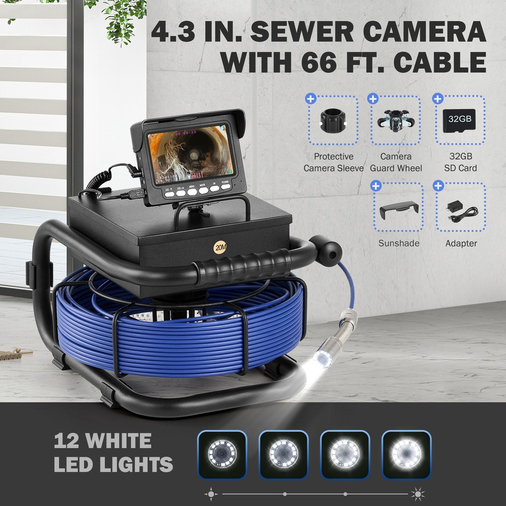 4.3 in. Sewer Inspection Camera w 66ft/20m Cable Plumbing Camera for Sewer Pipe