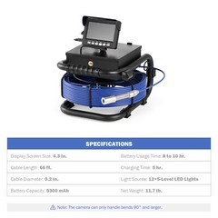 4.3 in. Sewer Inspection Camera w 66ft/20m Cable Rechargeable Battery for Pipe