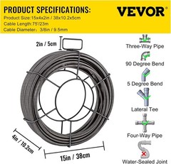 75ft x 3/8 inch Drain Cleaning Cable, Solid Core Cable Sewer Cable