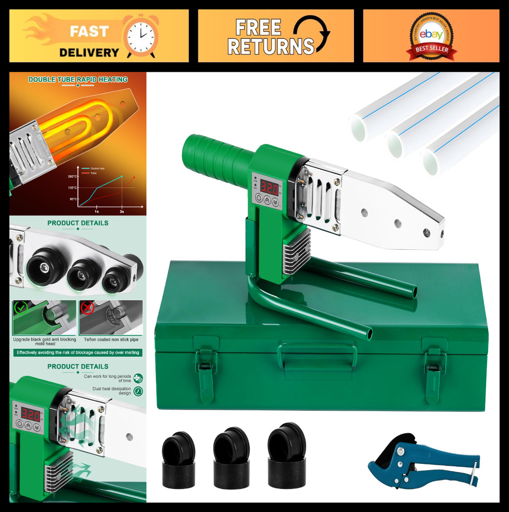 Plastic Pipe Welder Tool, 110V for PE PPR PVC, 0.79/0.98/1.26&rdquo; Die, Digital Dis