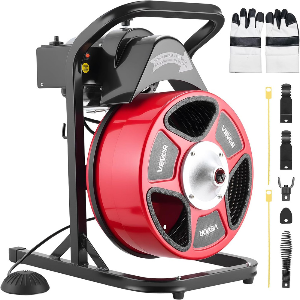 Drain Cleaner Machine 50 FT X 1/2 Inch, Manual Feed Sewer Snake Auger with 4 Cut