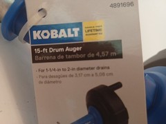 Kobalt 1/4&Prime; x 15-ft Carbon Wire Hand Drain Auger 1-1/4&Prime;-2&Prime; Drains NWT