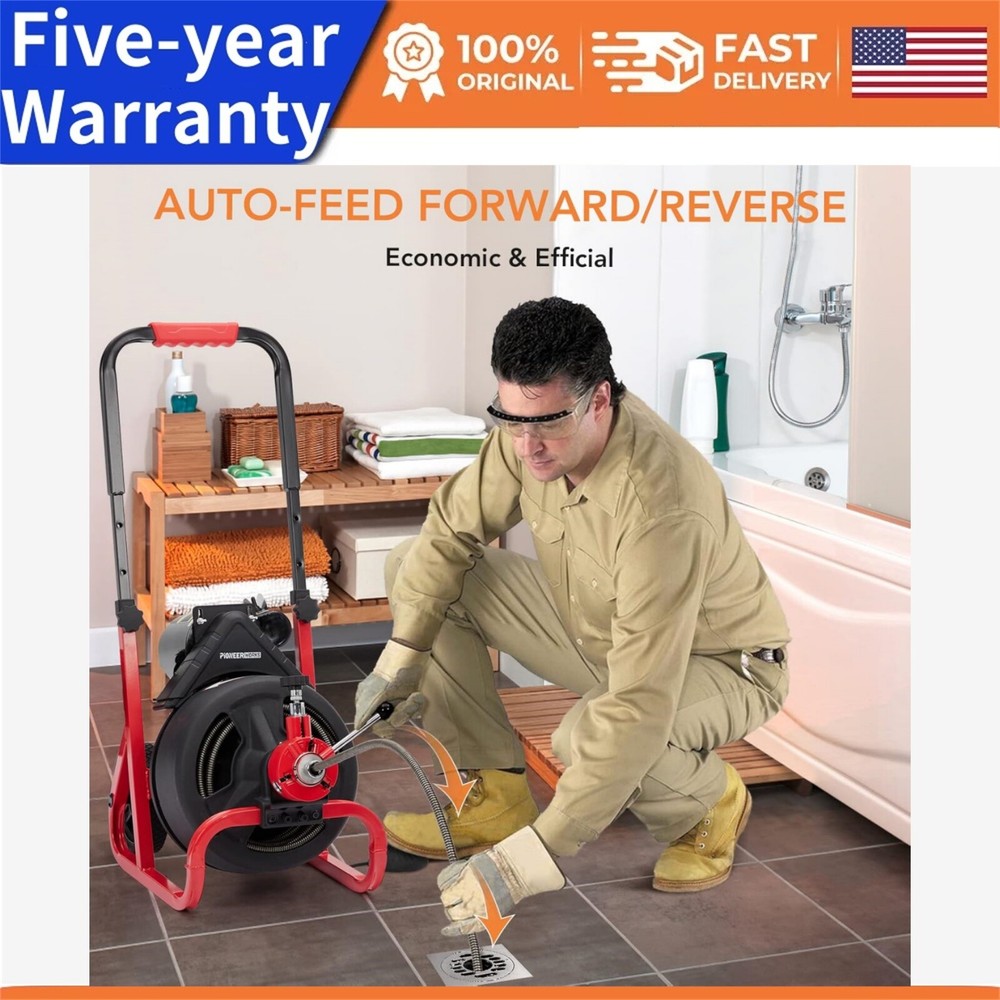 ✈️75Ft x1/2 Inch Drain Cleaner Machine Auto-feed Electric Drain Auger Profession