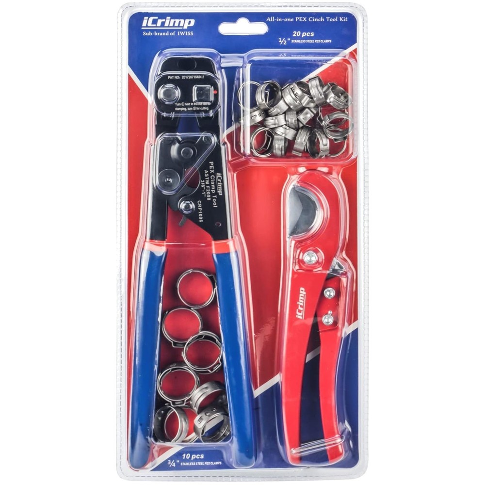 Efficient PEX Crimping Kit with 20x 1/2&Prime; & 10x 3/4&Prime; Clamps