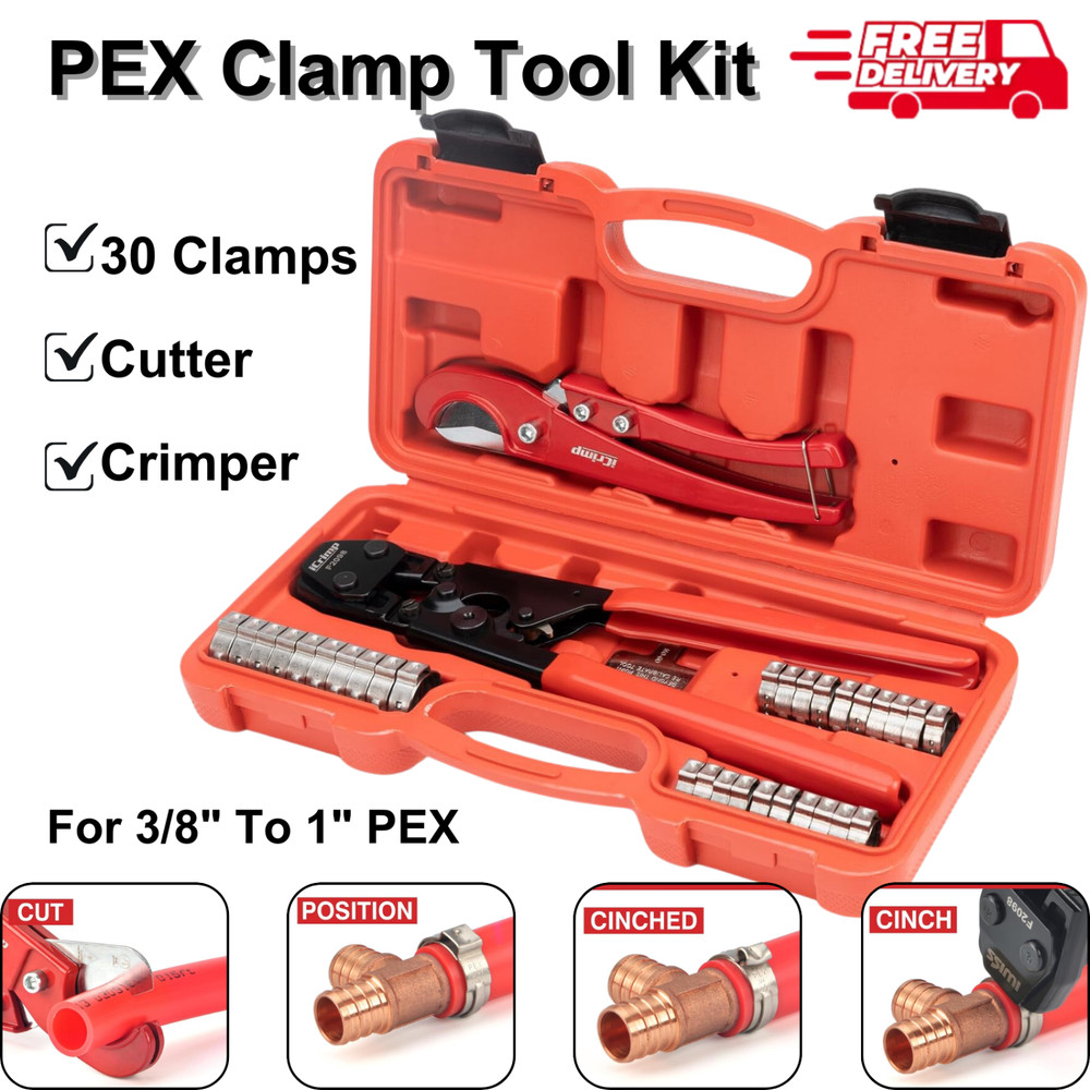 PEX Clamp Tool Kit For 3/8 To 1 In PEX &ndash; 30 Clamps, Cutter &ndash; All-in-One Crimper