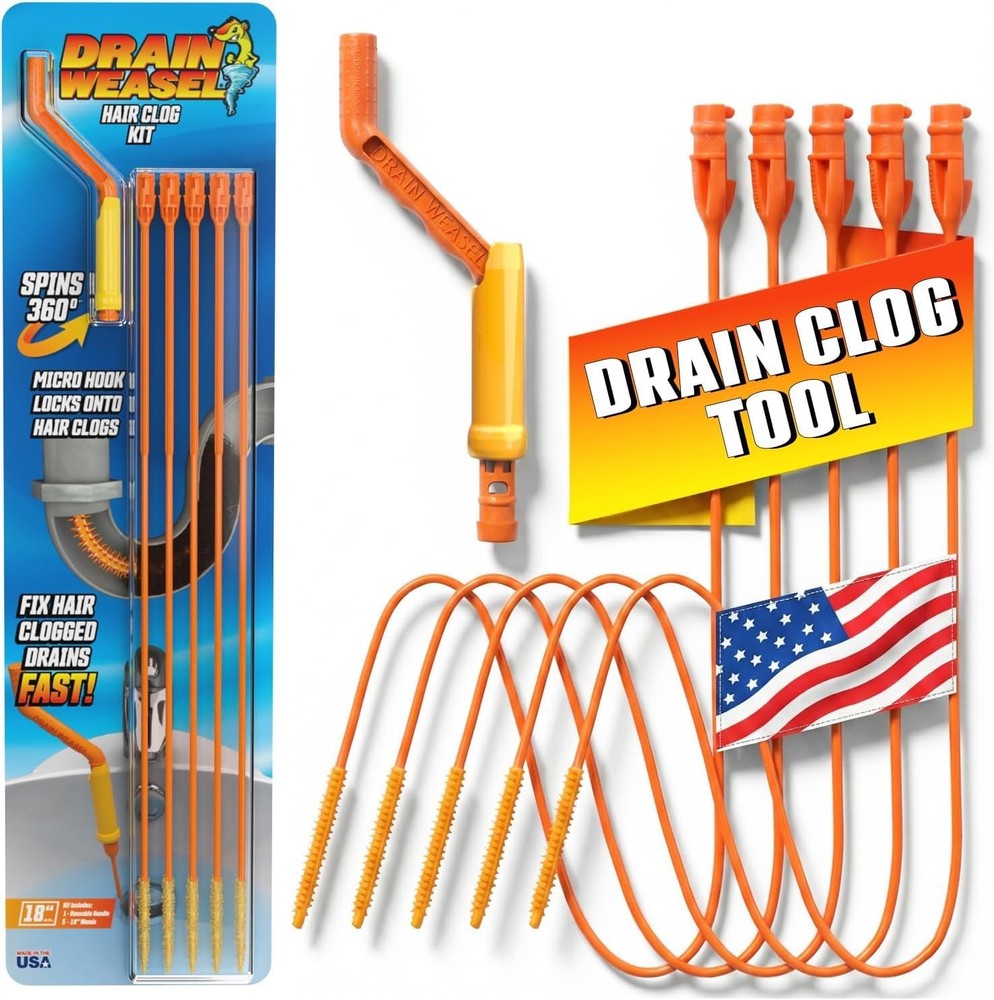 Flexisnake Drain Weasel Hair Clog Handle + 5 Refill Wands, Orange/Yellow