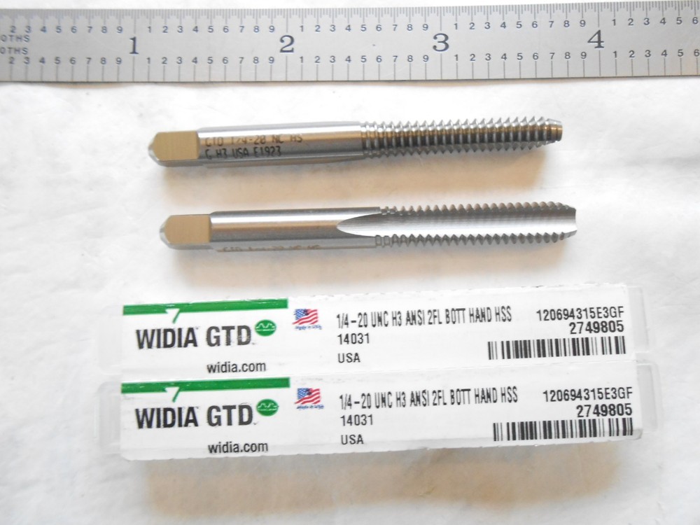 NEW WIDIA USA H.S.S. 2 PC. LOT, 1/4-20 UNC, H3, 2 FLUTE BOTTOM TAPS EDP#2749805