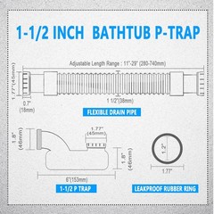 Low Profile 1 1/2 P Trap, Flexible Bathtub Shower Drain 1.5 inches, Gray