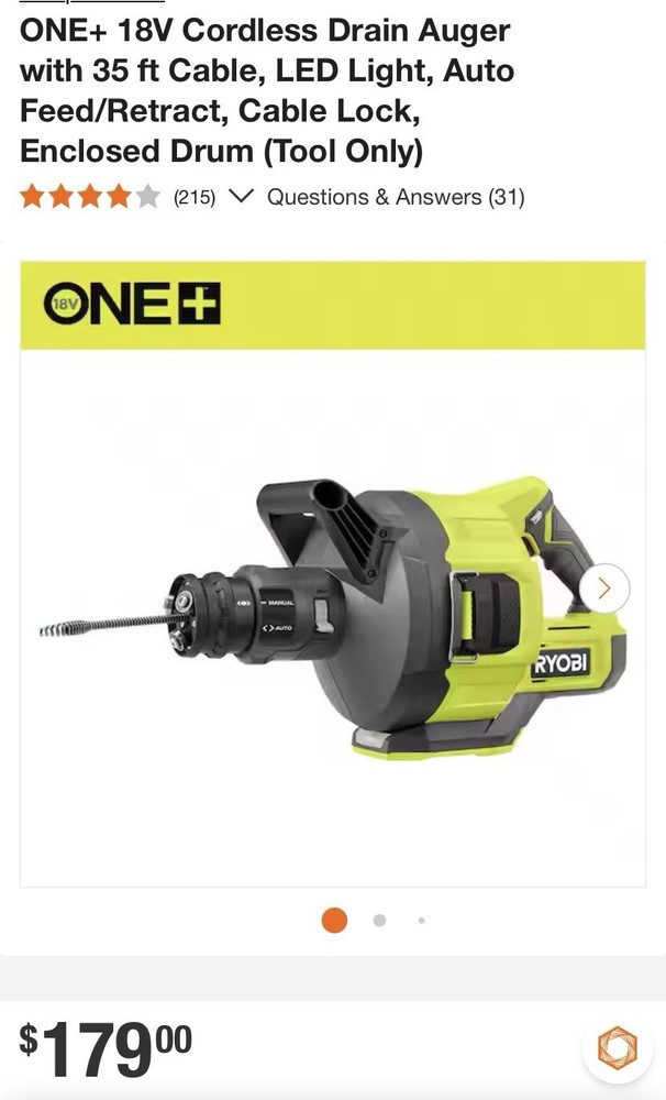 Ryobi 35ft Cordless Drain Auger LED Light, Auto Feed/retract, Cable Lock