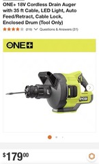 Ryobi 35ft Cordless Drain Auger LED Light, Auto Feed/retract, Cable Lock