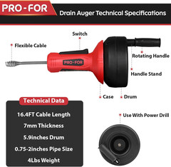 Drain Auger, 16.4FT Plumbing Snake Drain Clog Remover, Manual & Drill Powered Dr