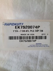 RAPIDKUT EK7520074P, 1-1/4&Prime; &ndash; 7, H4 TIN, 4 FLUTE HS PLUG TAP, Made In USA