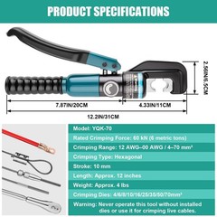 6-Ton Hydraulic Crimping Tool with 9 Pairs of Dies, 12 AWG to 2/0 Cyan, Black