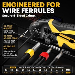 Hex Ferrule Crimping Tool Kit, AWG 24-4 (0.25-25mm&sup2;) Self-Adjusting Ratcheting W