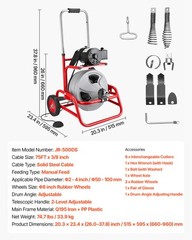 VEVOR Drain Cleaner Machine 75 FT x 3/8 Inch Manual Feed Sewer Auger 6 Cutters