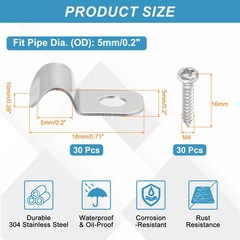 30Pcs 5mm(3/16&Prime;) One Hole Rigid Pipe Strap with Screws, Silver