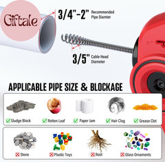 20V Cordless Electric Drain Auger-Efficient 25Ft Auto-Feed Drain Snake with Repl