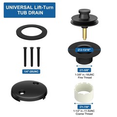 Fibetter Black Tub Drain Lift and Turn Trim Set 1-Hole Turn, Matte