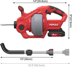 20V Cordless Electric Drain Snake, 25Ft Replaceable Cable with 2.0Ah Battery, Ex