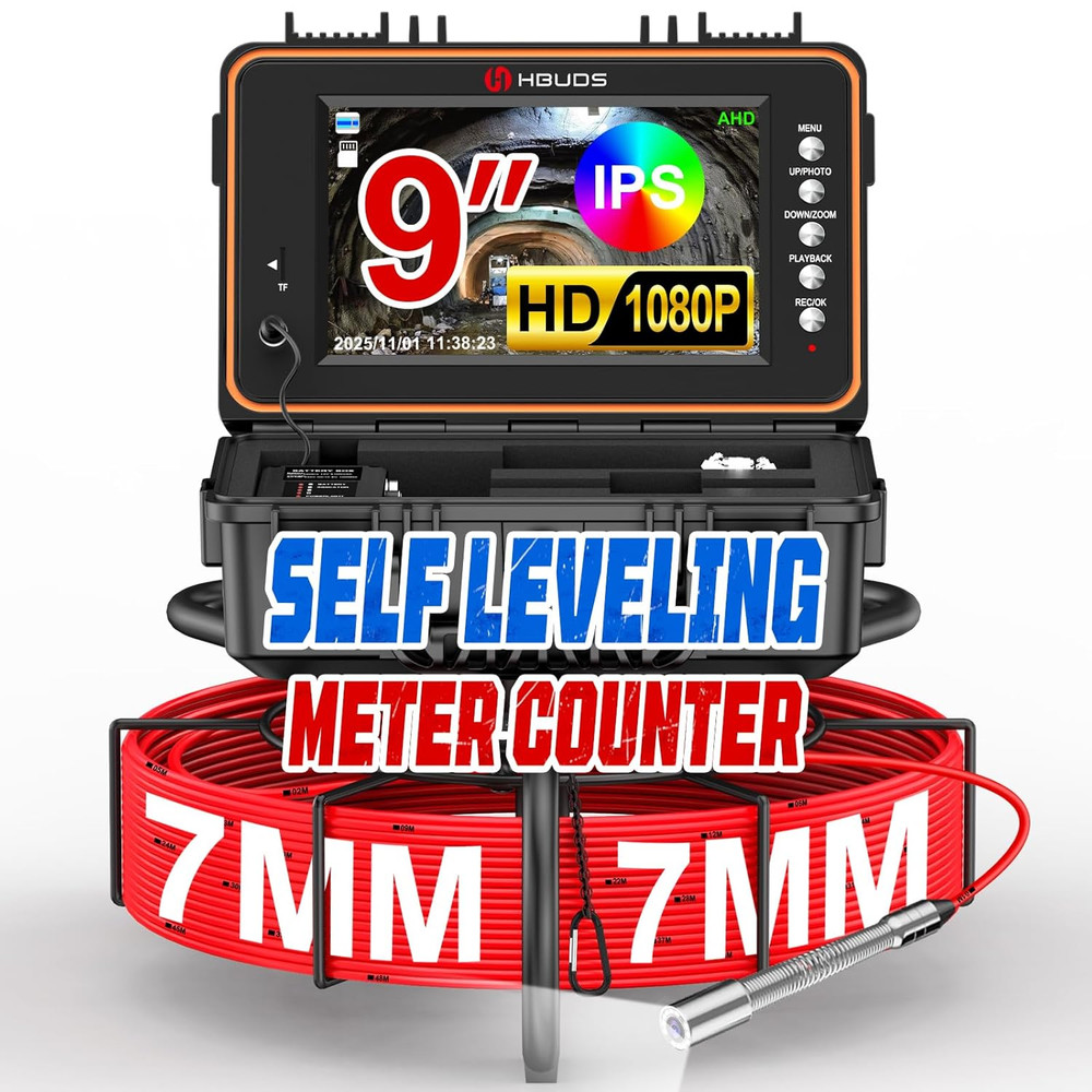 200FT Sewer Camera with 9&Prime; HD Screen, 1080P, 32GB, Self-Leveling, 5100mAh Batter