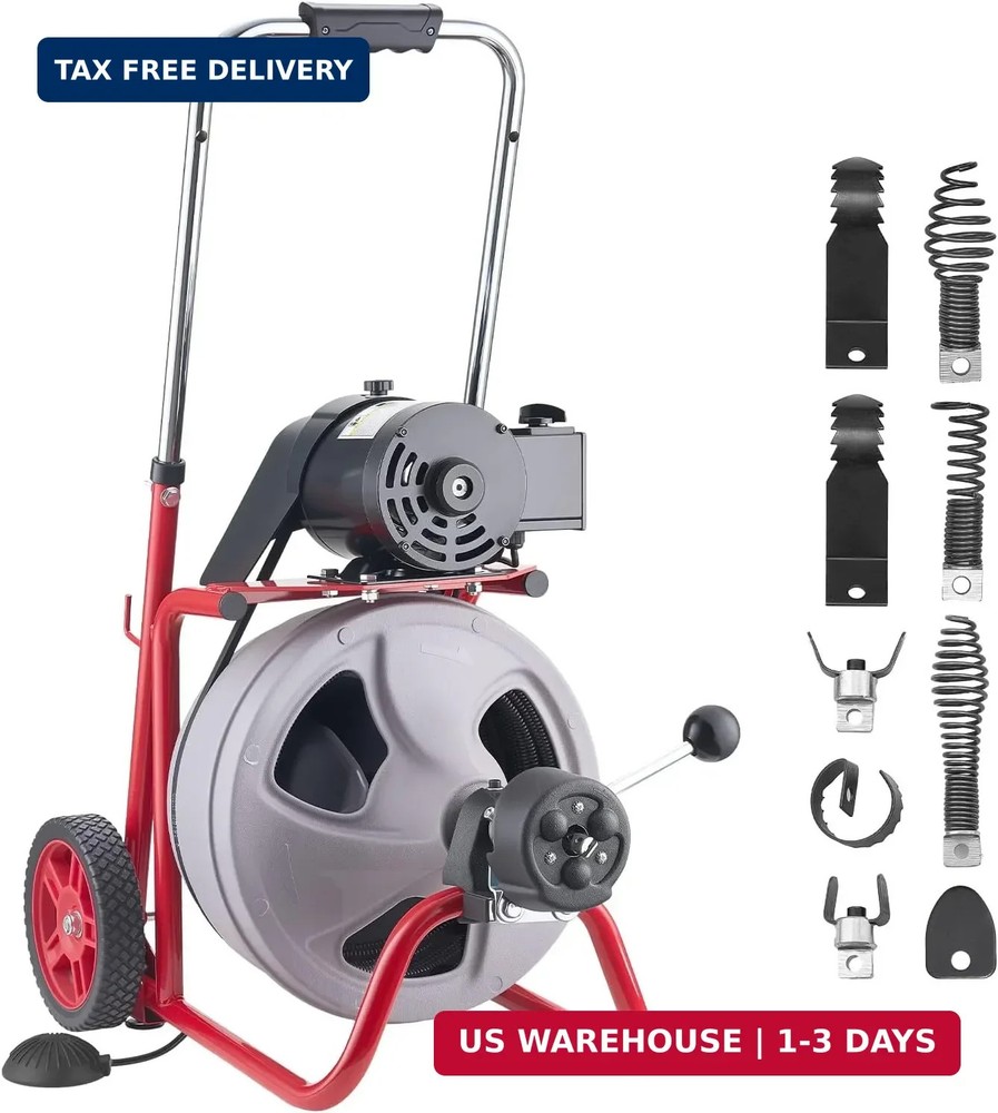 VEVOR Drain Cleaner Machine 75 FT x 3/8 Inch, Auto Feed Sewer Snake Drain Auger