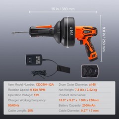12V Cordless Drain Auger 25FT Auto Feed for 3/4-2in Pipes