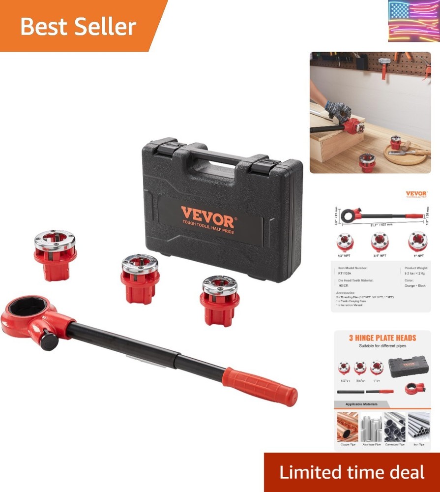 Ratchet Pipe Threader Kit 3 Dies 1/2 3/4 1 NPT Ratcheting