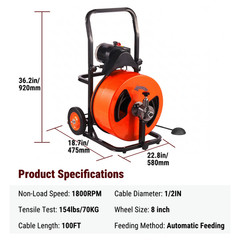 100FT x 1/2 In Drain Cleaner Machine, 2&Prime;-4&Prime; Pipes Auto Feed Electric Drain Auger