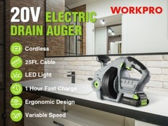 WORKPRO 20V Electric Drain Auger 25Ft Plumbing Snake w/2.0AH Battery&Charger