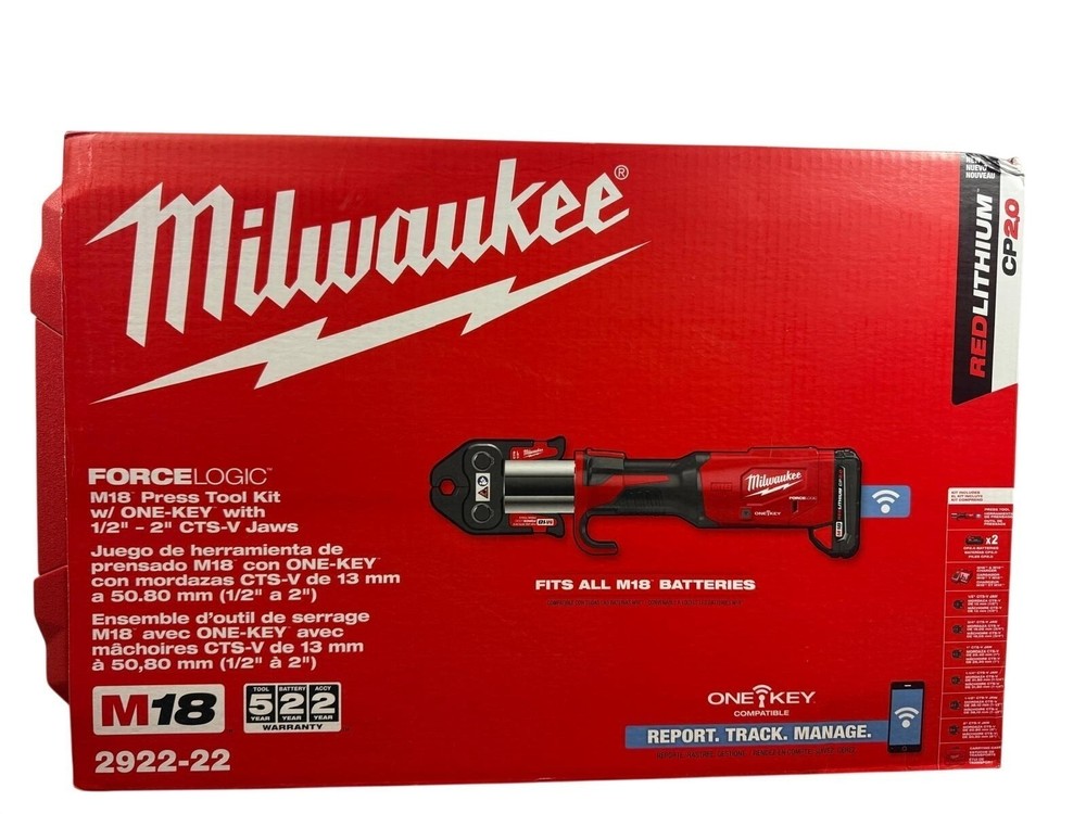 Milwaukee M18 FORCE LOGIC. PRESS TOOL KIT W/ ONE-KEY WITH 1/2&Prime;-2&Prime;CTS-V JAWS 7/8