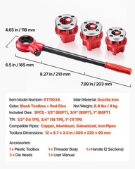 VEVOR Ratchet Pipe Threader Kit Pipes Threader Set with 1/2&Prime; 3/4&Prime; 1&Prime; BSPT Dies