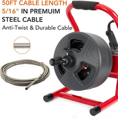 50Ft X 5/16Inch Drain Auger Foot Switch 6 Cutters & Gloves for 3/4-3in Pipe Use