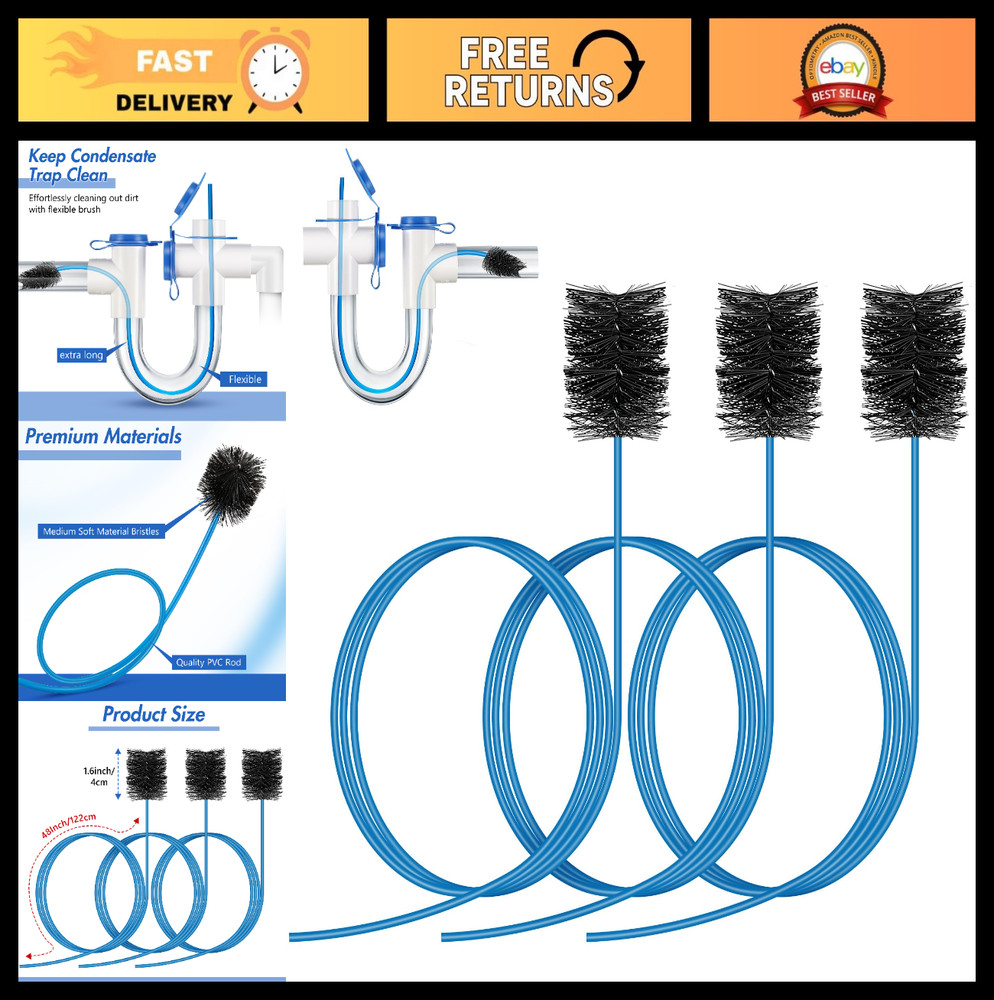 3 Pcs Flexible Drain Brush Set, 48&Prime; AC & HVAC Condensate Trap Cleaning Tool