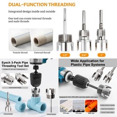 3Pcs PVC Pipe Threader Kit, 1/2&Prime; 3/4&Prime; 1&Prime; Internal & External