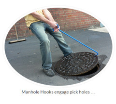 Manhole Cover Hook, 30&Prime; Solid Hex shape steel, Angled handle, Pointed tip, USA