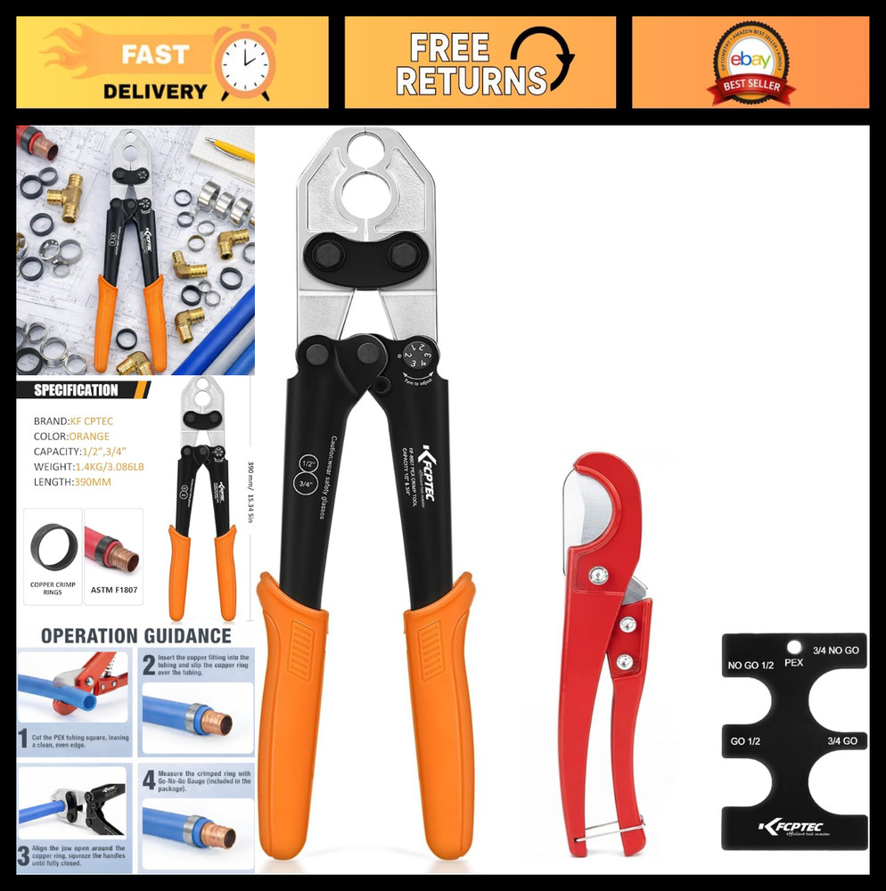 Heavy-Duty PEX Crimping Tool with Tubing Cutter & Go/No-Go Gauge, ASTM F1807