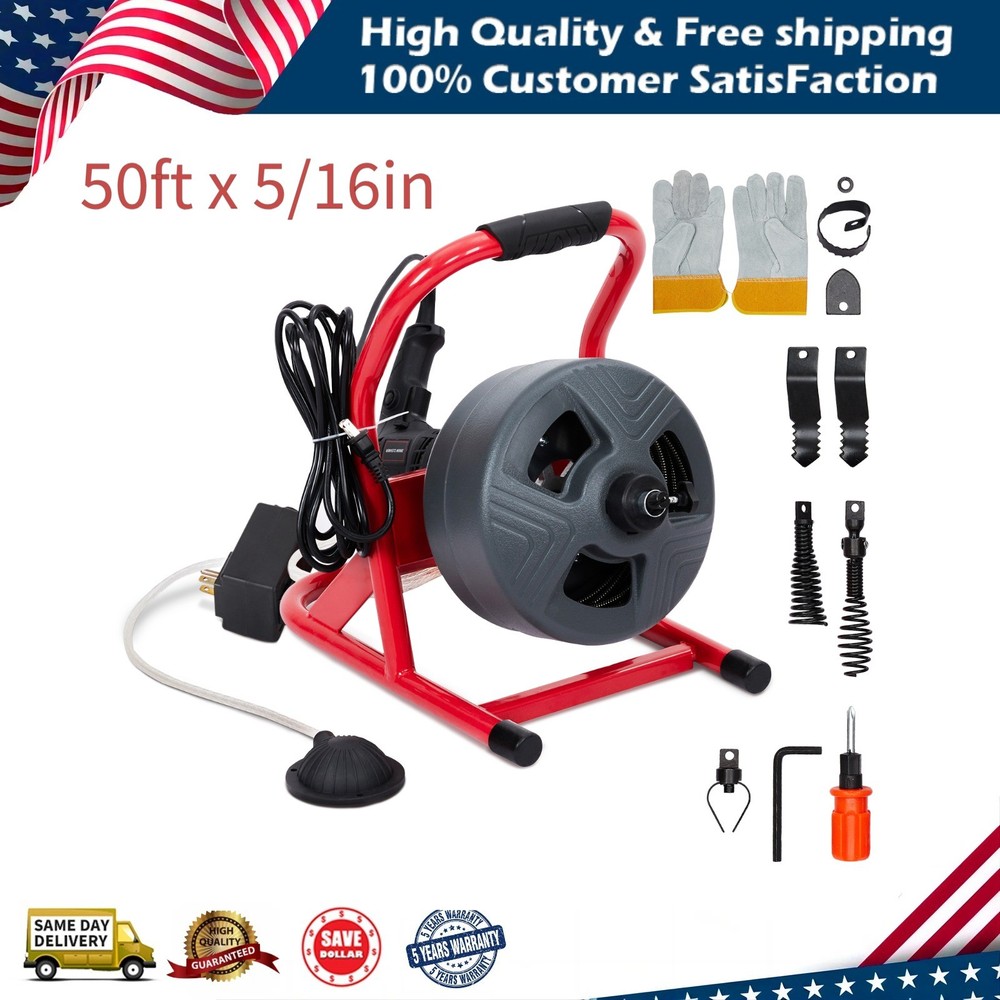 50Ft x 5/16&Prime; Drain Cleaner Machine Drain Auger Sewer Snake Plumbing with Cutters