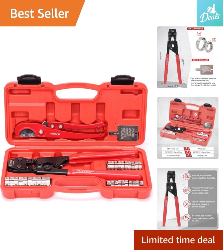 Comprehensive iCrimp PEX Pipe Clamp Tool Kit with 20pcs 1/2&Prime; & 10pcs 3/4&Prime; Clamps