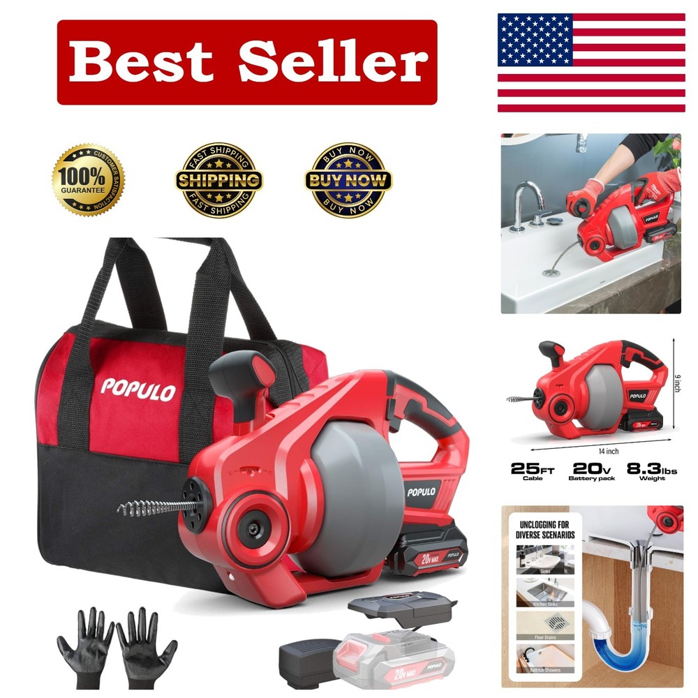 25Ft Cordless Drain Auger with 2.0Ah Battery &ndash; Perfect for Kitchen & Bathroom