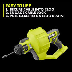 ONE+ 18V Cordless Drain Auger with 25 Ft Cable, LED Light, Auto Feed/Retract, Ca