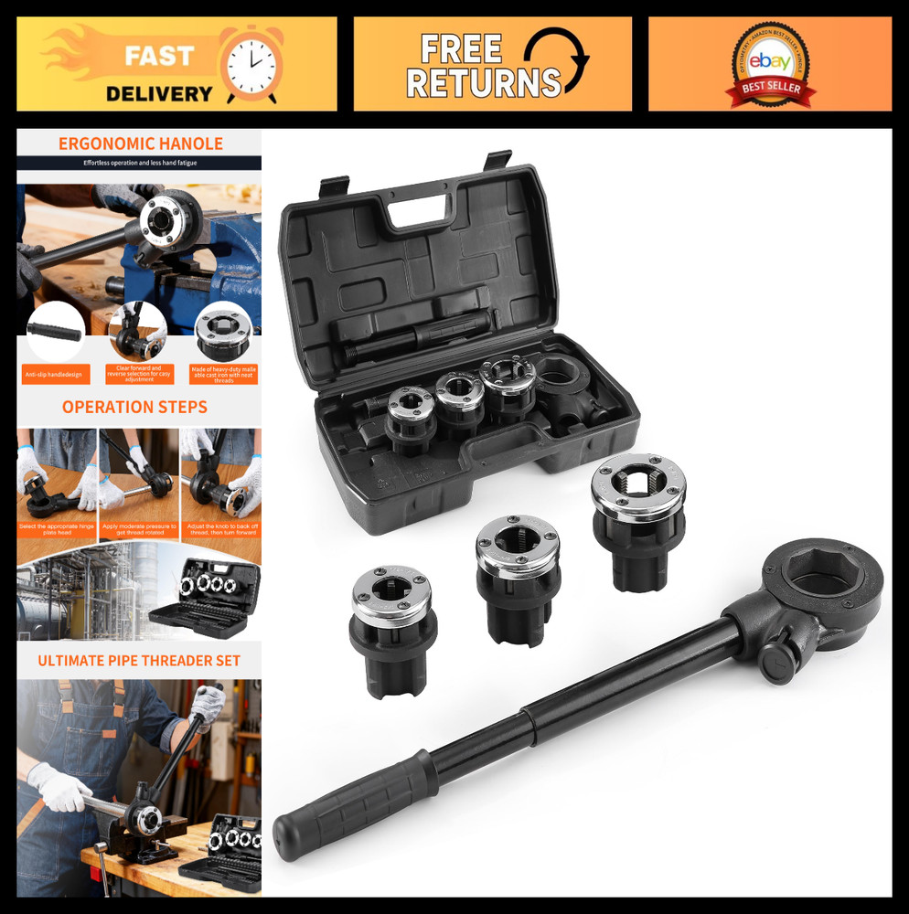 Portable Pipe Threader Kit &ndash; Ratchet Tool Set with 3 NPT Dies & Storage Case for